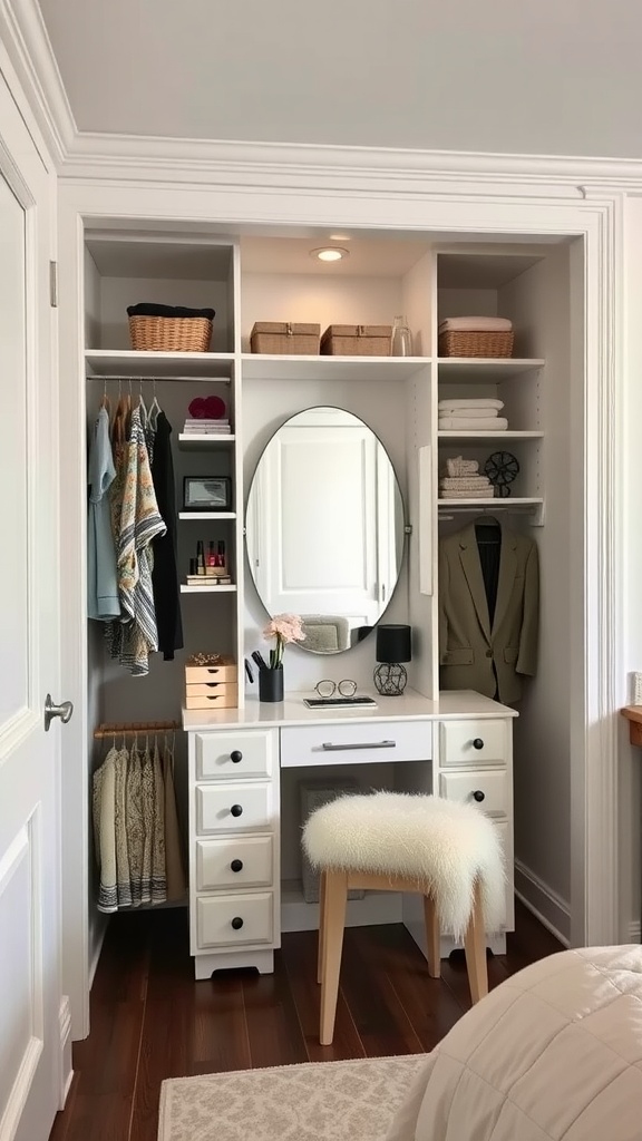 A stylish vanity space integrated into a bedroom closet, featuring a mirror, storage drawers, and a stool.