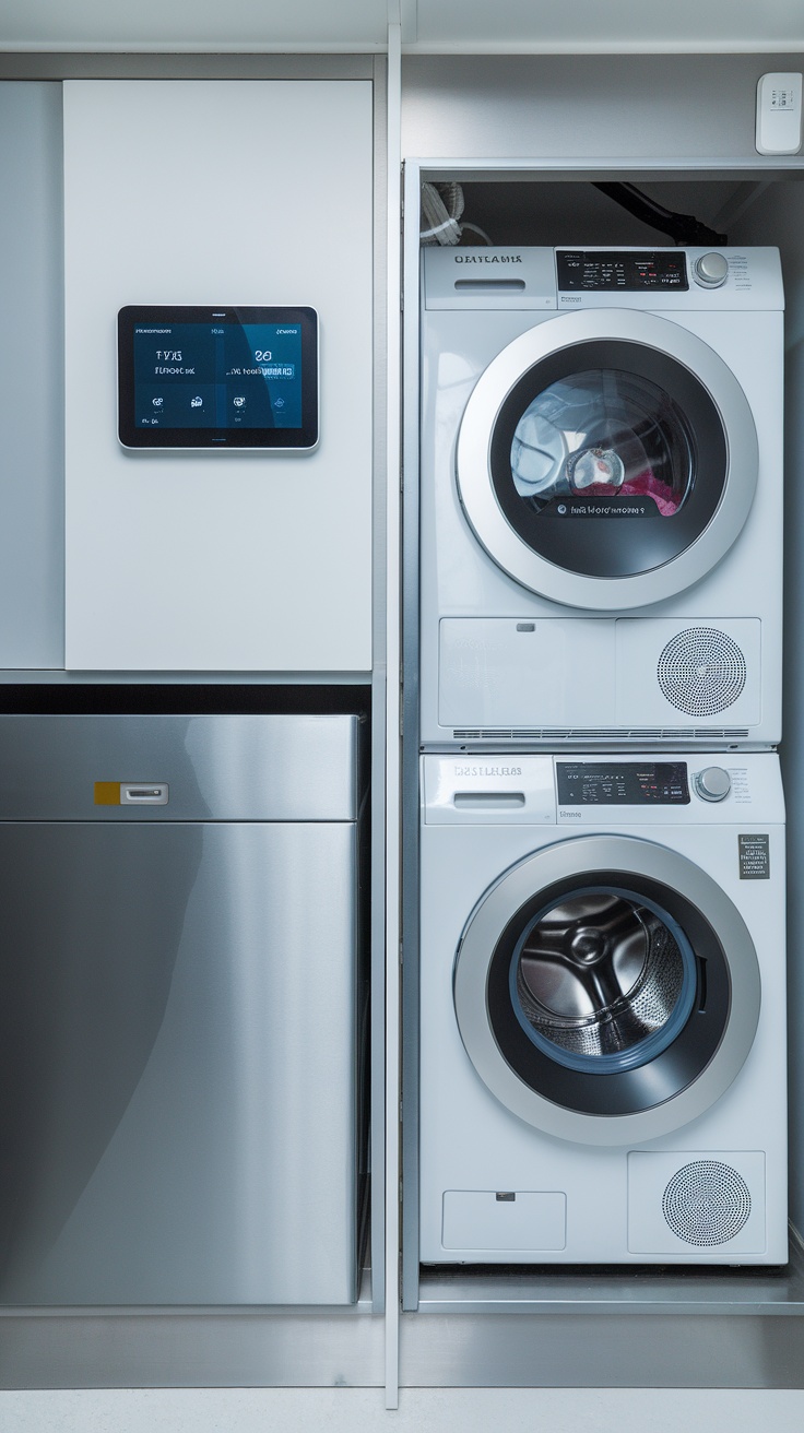 A modern laundry room featuring a washing machine and dryer with smart technology, organized storage, and a clean design.