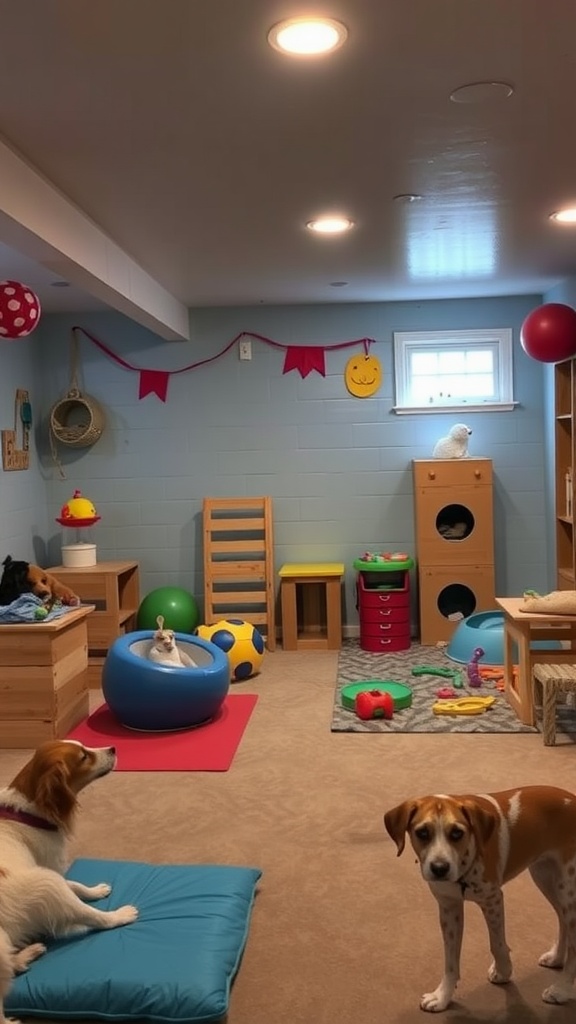 A colorful basement play zone with toys and resting areas for dogs and a cat.