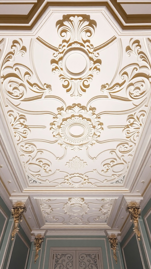 An ornate Art Deco ceiling featuring intricate designs and gold accents.