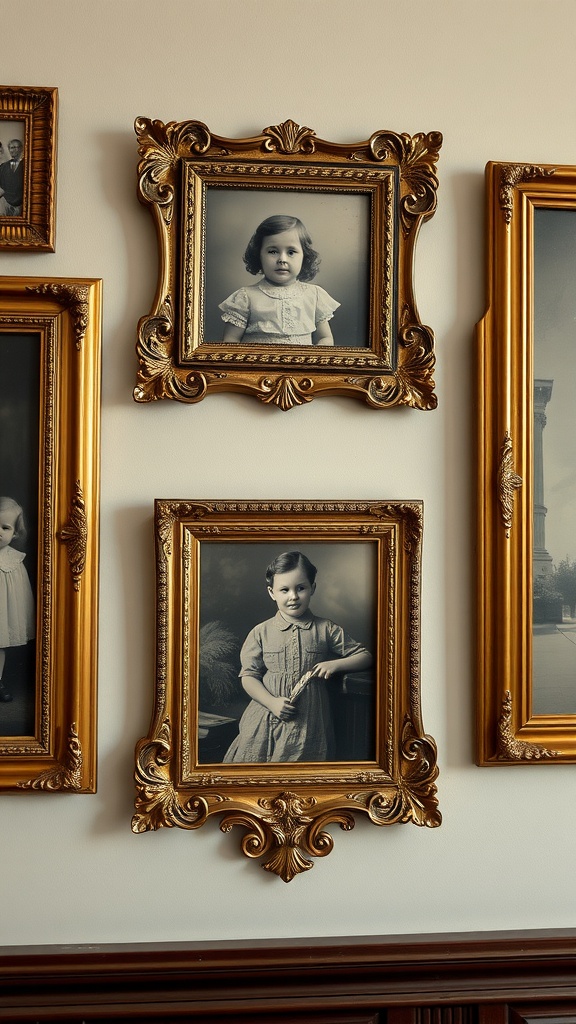A collection of ornate gold picture frames displaying vintage black-and-white photographs.