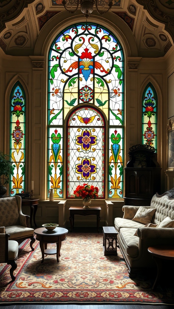 An elegant Victorian living room featuring large stained glass windows with floral designs.