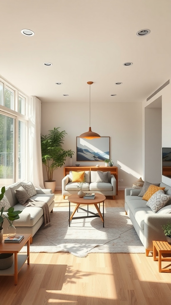 Bright and airy open concept living room with large windows, comfortable seating, and greenery.