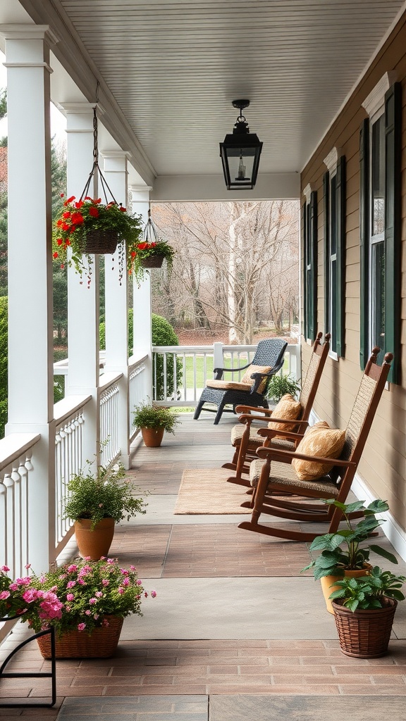 A charming porch with rocking chairs and hanging plants, embodying French country home style.