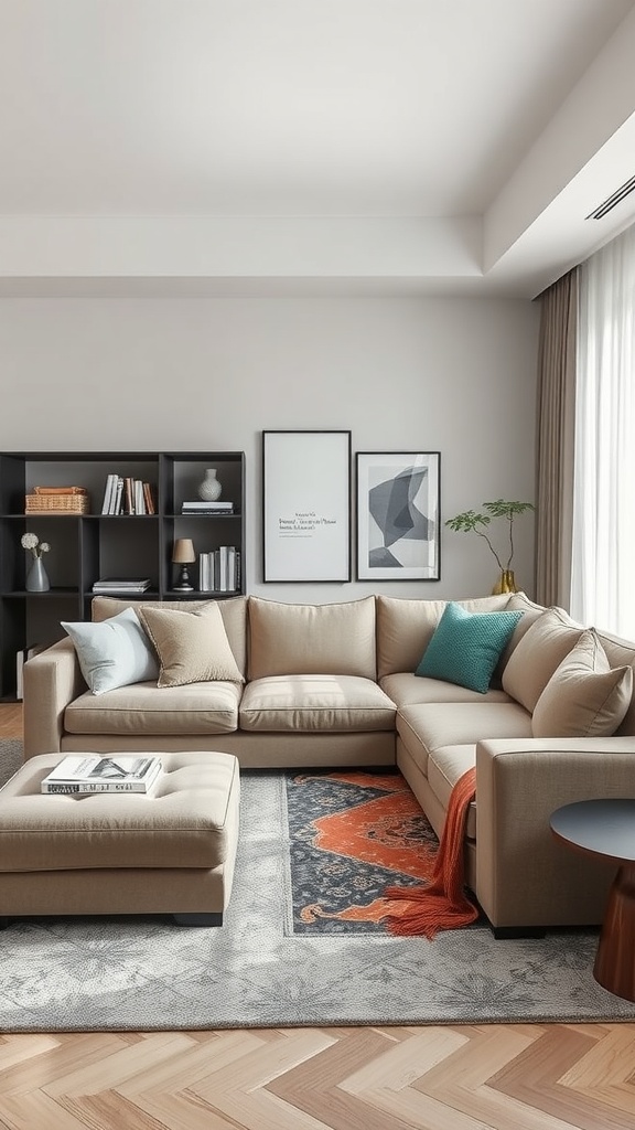 A cozy L-shaped sofa with storage in a modern living room setting, featuring neutral tones and colorful throw pillows.