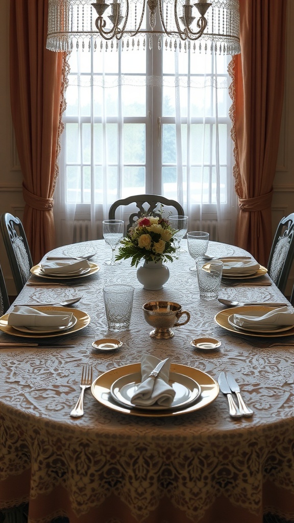 A dining table with a lace tablecloth, elegant dinnerware, and a floral centerpiece.