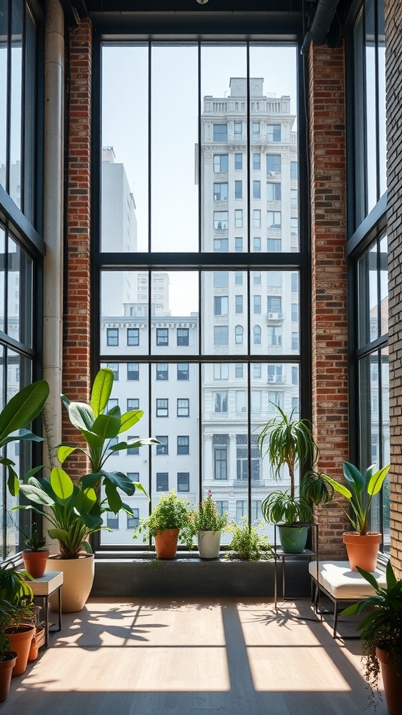 Bright urban loft with large windows and plants, showcasing natural light.