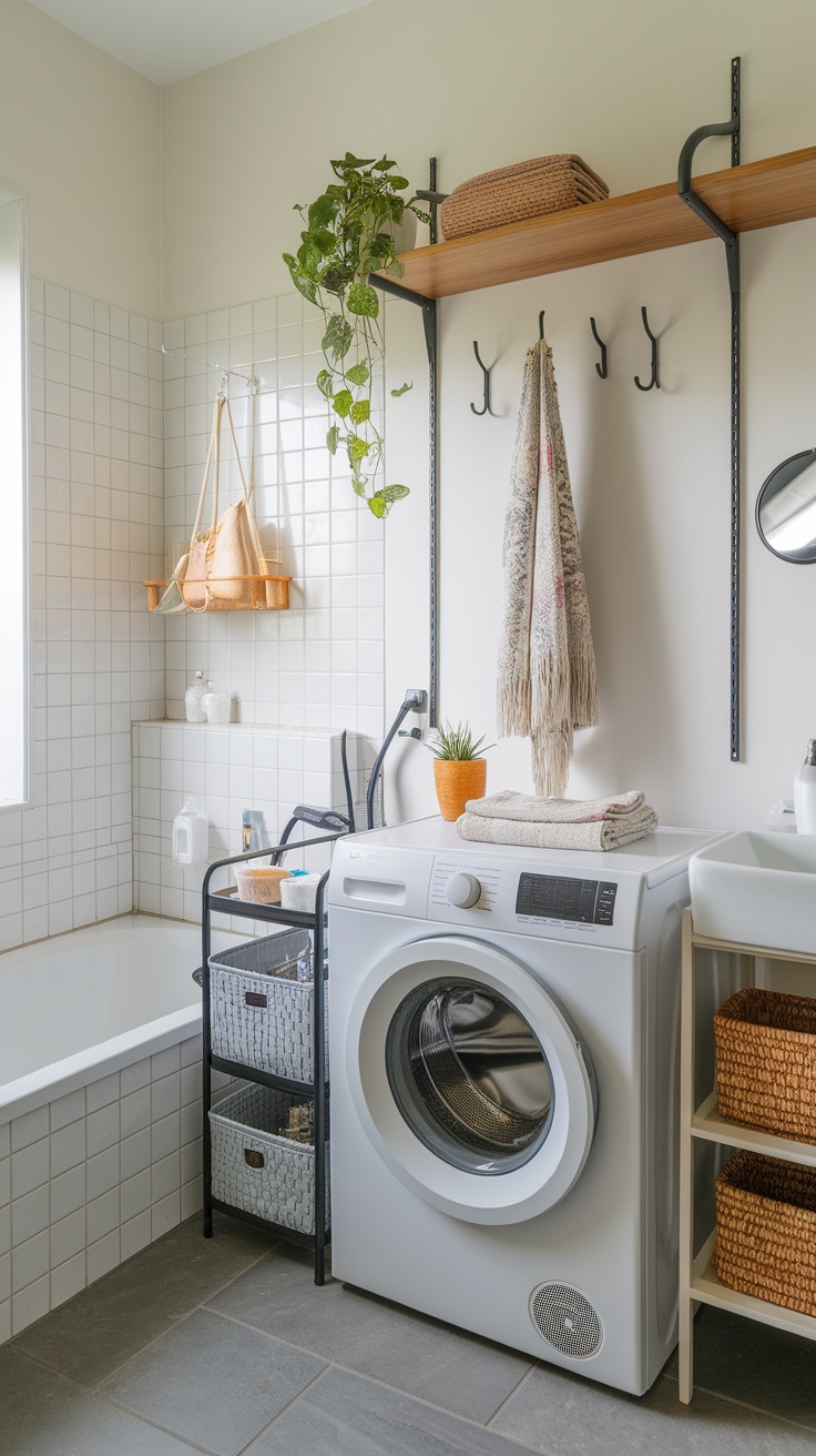 A compact laundry and bathroom combo featuring a washing machine, toilet, shelves with towels, and decorative elements.