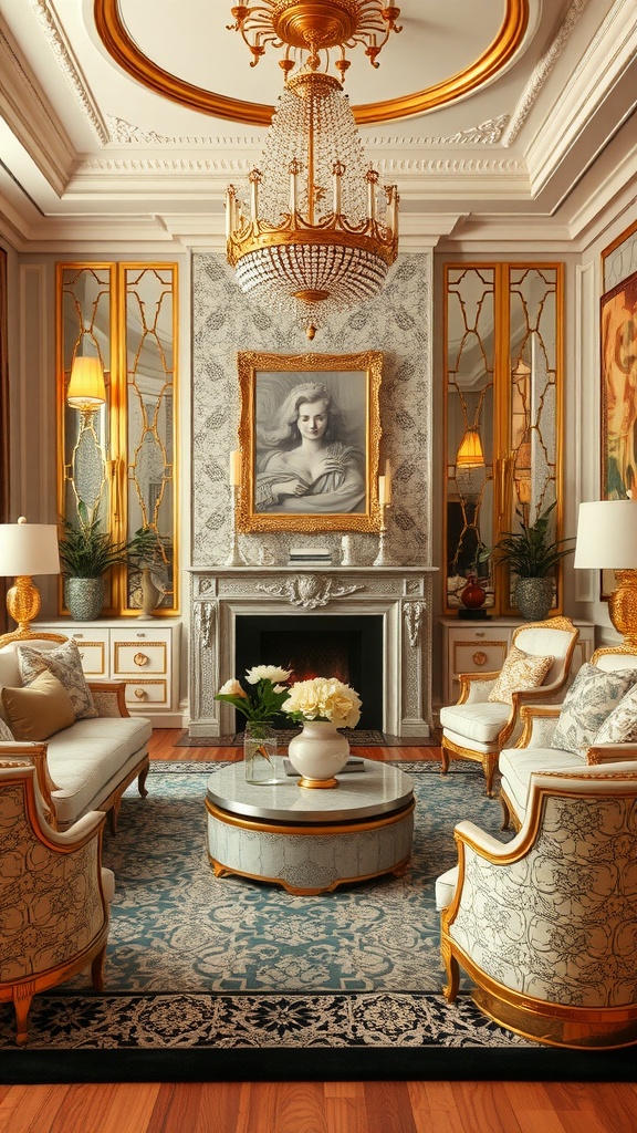 An elegant Art Deco interior featuring gold and silver accents, a crystal chandelier, and ornate furniture.