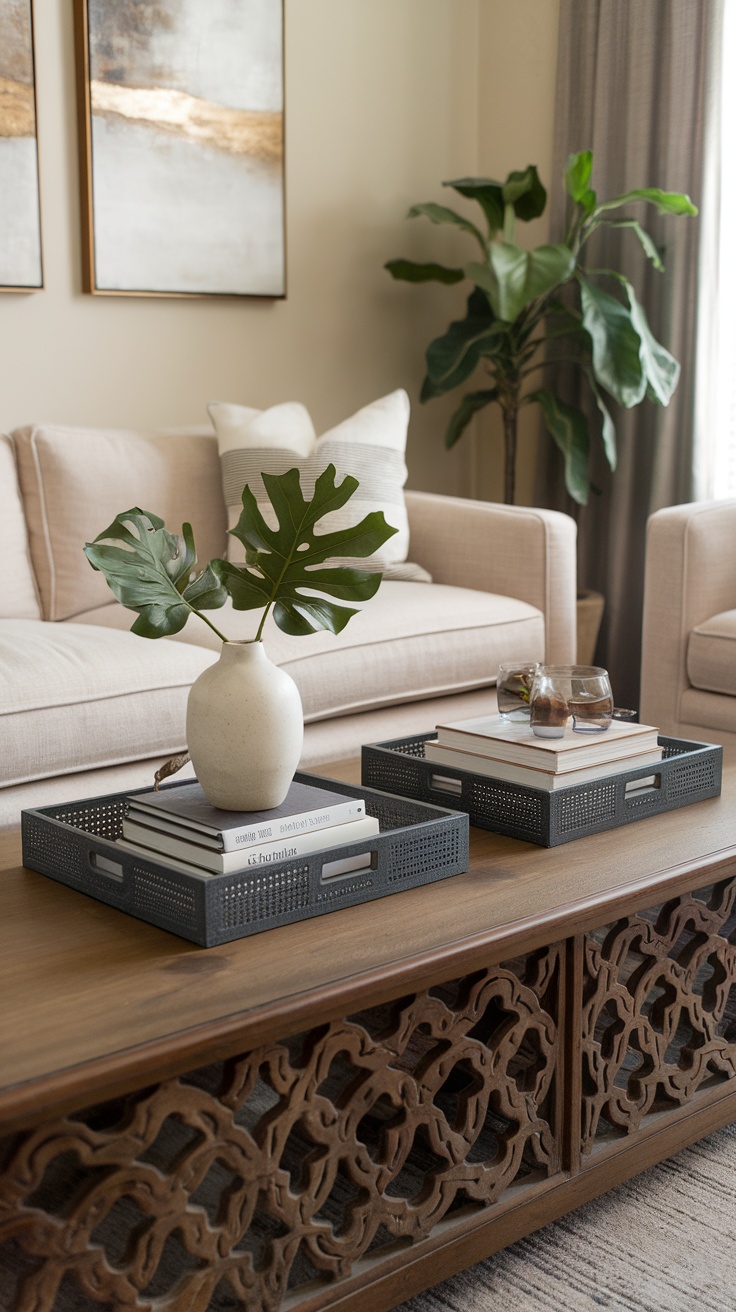 A coffee table styled with layered books and wooden trays, featuring a decorative ceramic duck and a small plant.