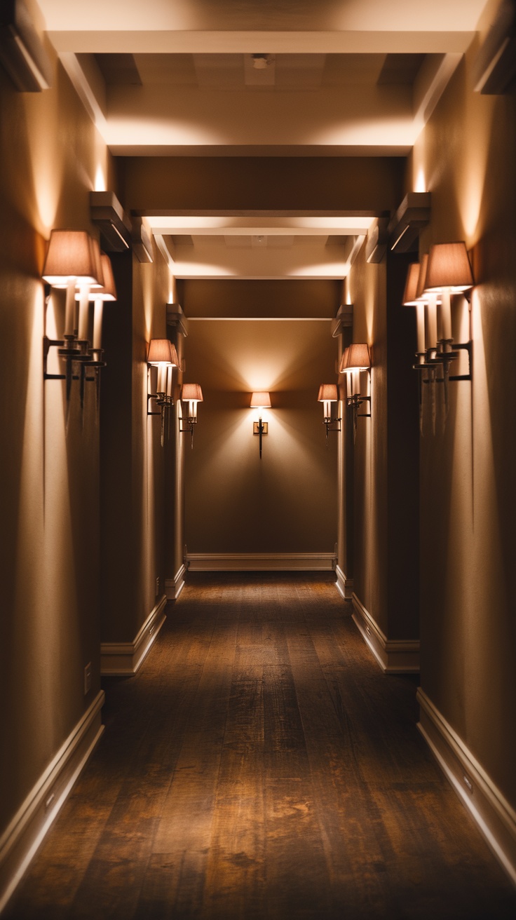 A well-lit hallway with wall sconces and ceiling lights, creating a warm and inviting atmosphere.