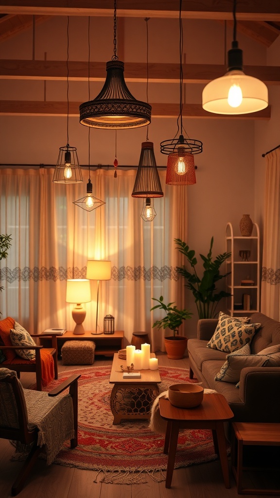 Cozy boho living room with layered lighting solutions including pendant lights, a floor lamp, and candles on a coffee table.