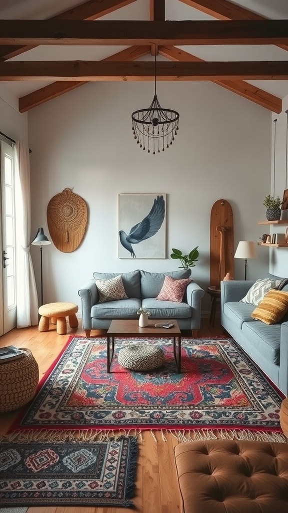 A cozy living room featuring layered rugs, a blue sofa, and natural wooden elements