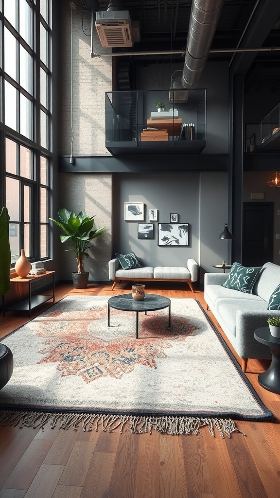 A cozy urban loft living area featuring layered rugs, large windows, and modern furniture.