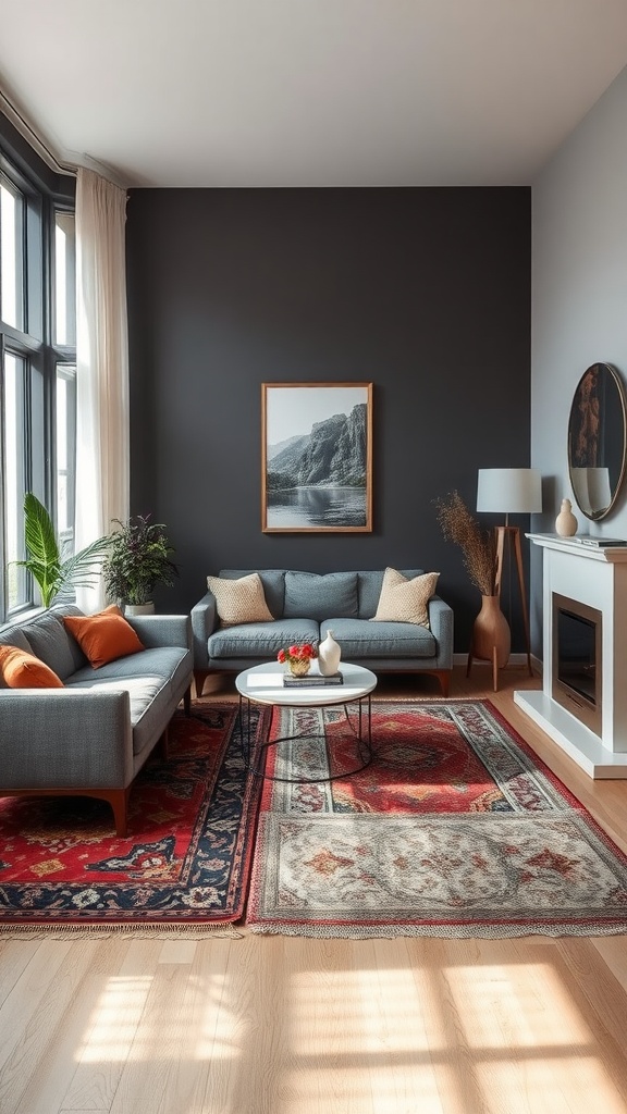 A cozy living room showcasing layered rugs, a gray sofa, and stylish decor.
