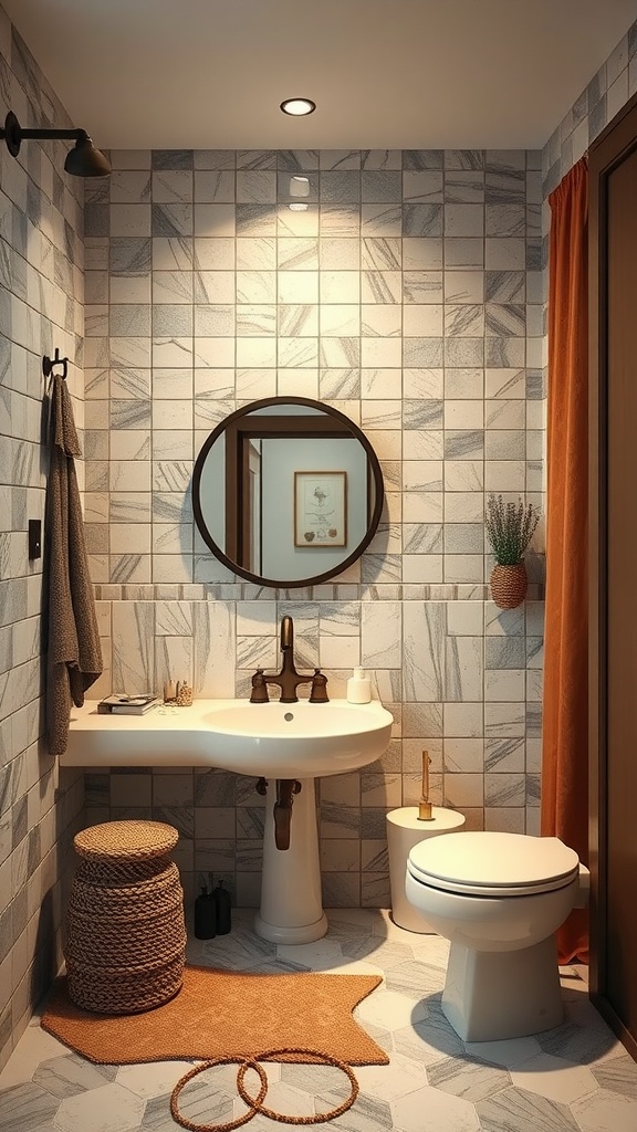 A modern bathroom featuring textured wall tiles, a round mirror, and layered decor elements.