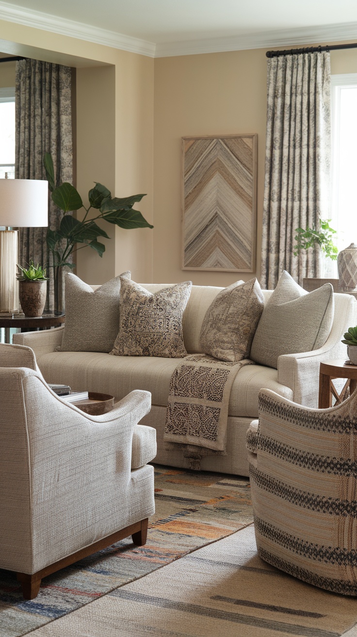 Cozy living room with a brown sofa, layered pillows, woven baskets, and framed wall art.