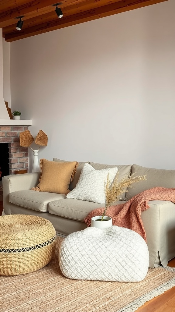 Cozy contemporary living room with layered textures in soft furnishings, featuring a neutral sofa, colorful cushions, and woven decor.