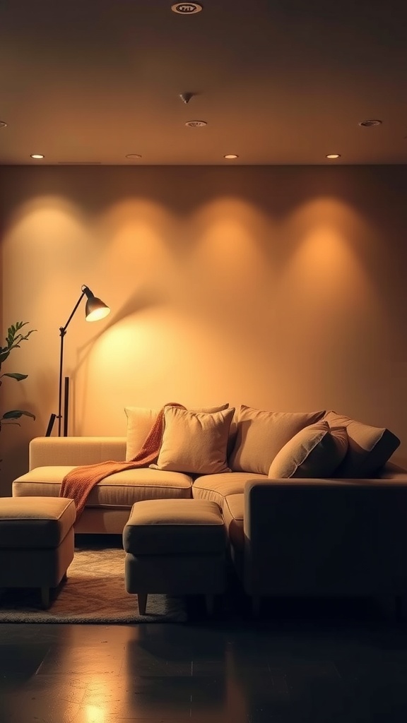 Cozy sectional sofa with warm lighting in a stylish living space