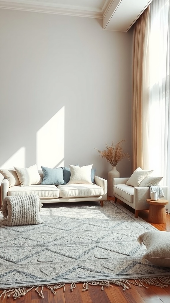 A minimalist living room featuring a light sofa with blue and cream pillows, a textured rug, and a decorative plant in a neutral setting.