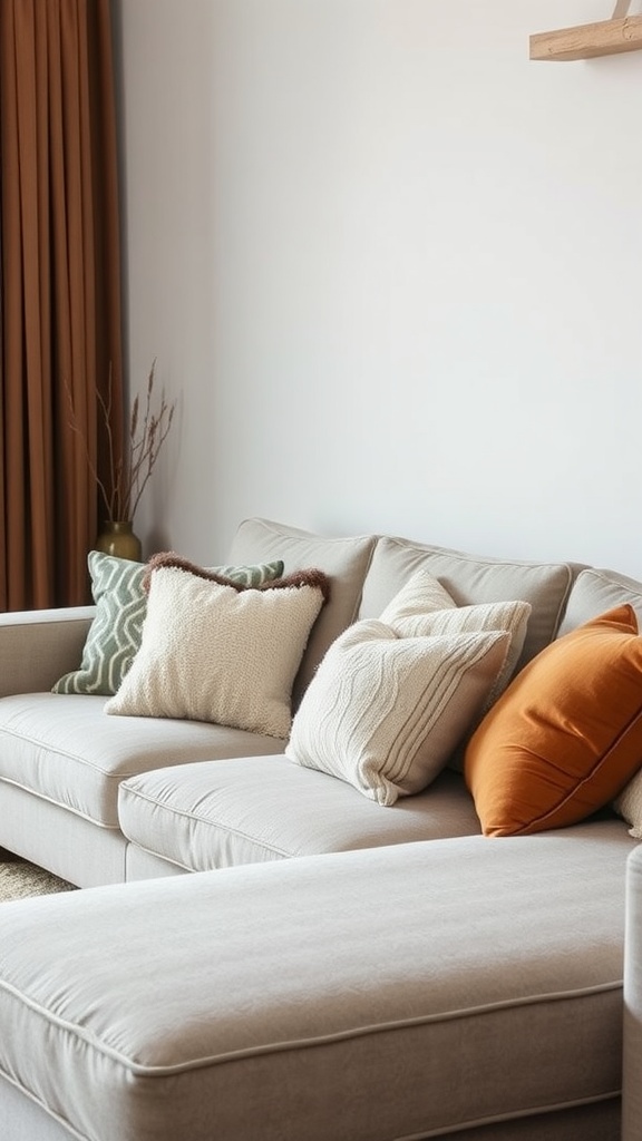 A sectional sofa adorned with various throw pillows in different textures and colors, creating a cozy atmosphere.