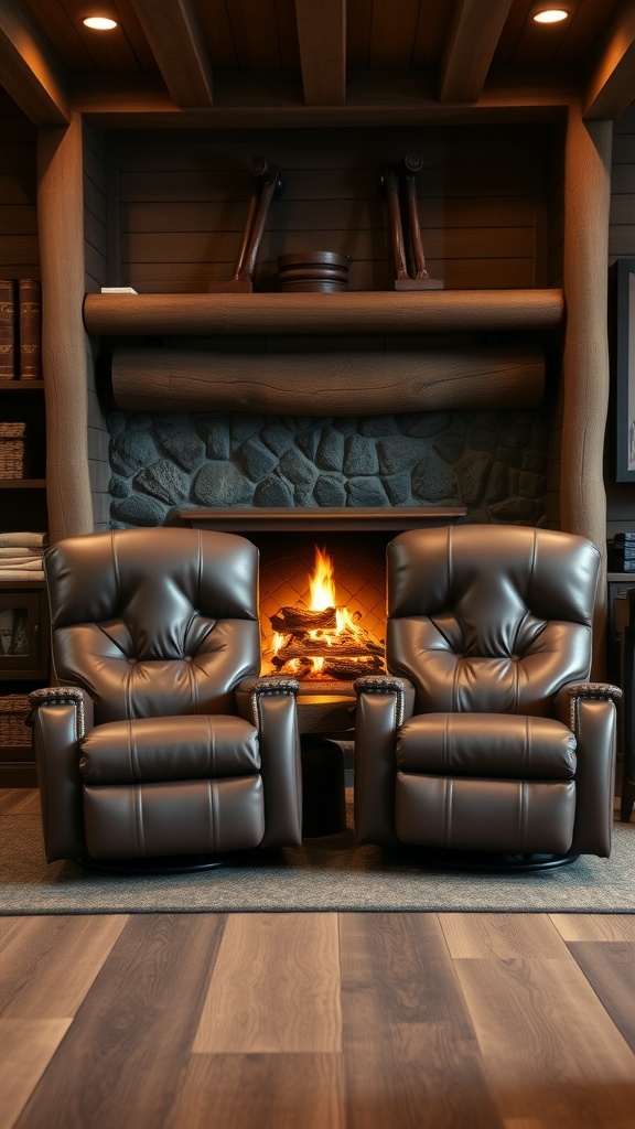 Two comfortable leather recliners in a cozy man cave setting
