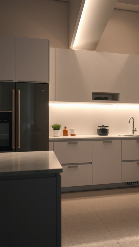 A modern kitchen with LED strip lighting under the cabinets, highlighting the sleek design.