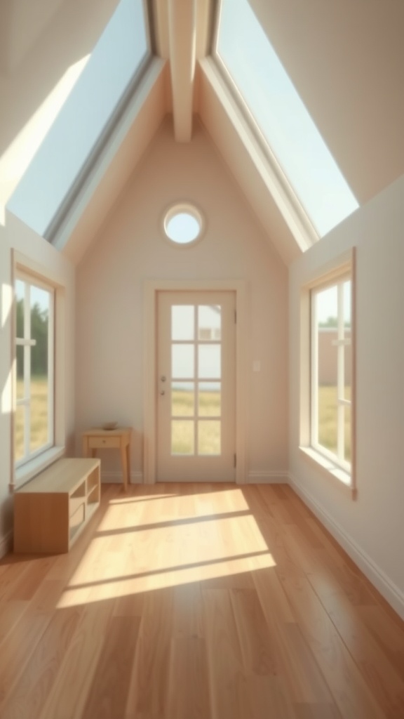 Interior of a tiny house with large windows and a skylight, showcasing a light-filled space