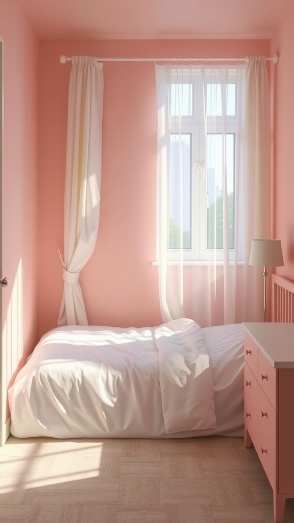 A small bedroom with light pink walls, white bedding, and sheer white curtains, showcasing a bright and airy atmosphere.