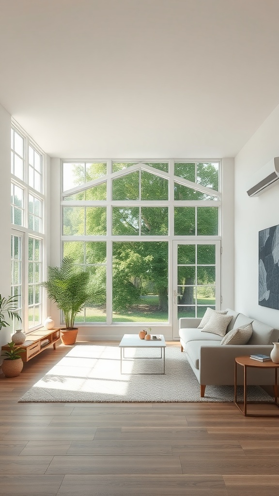 A minimalist living room with large windows, featuring light-colored furniture and plants, creating a bright and airy atmosphere.