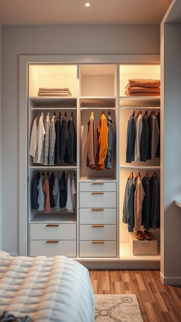 A modern closet with lighted cabinetry showcasing organized clothes and accessories.