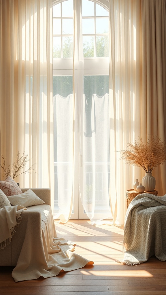 A sunlit living room with sheer curtains, soft textiles, and a cozy atmosphere.