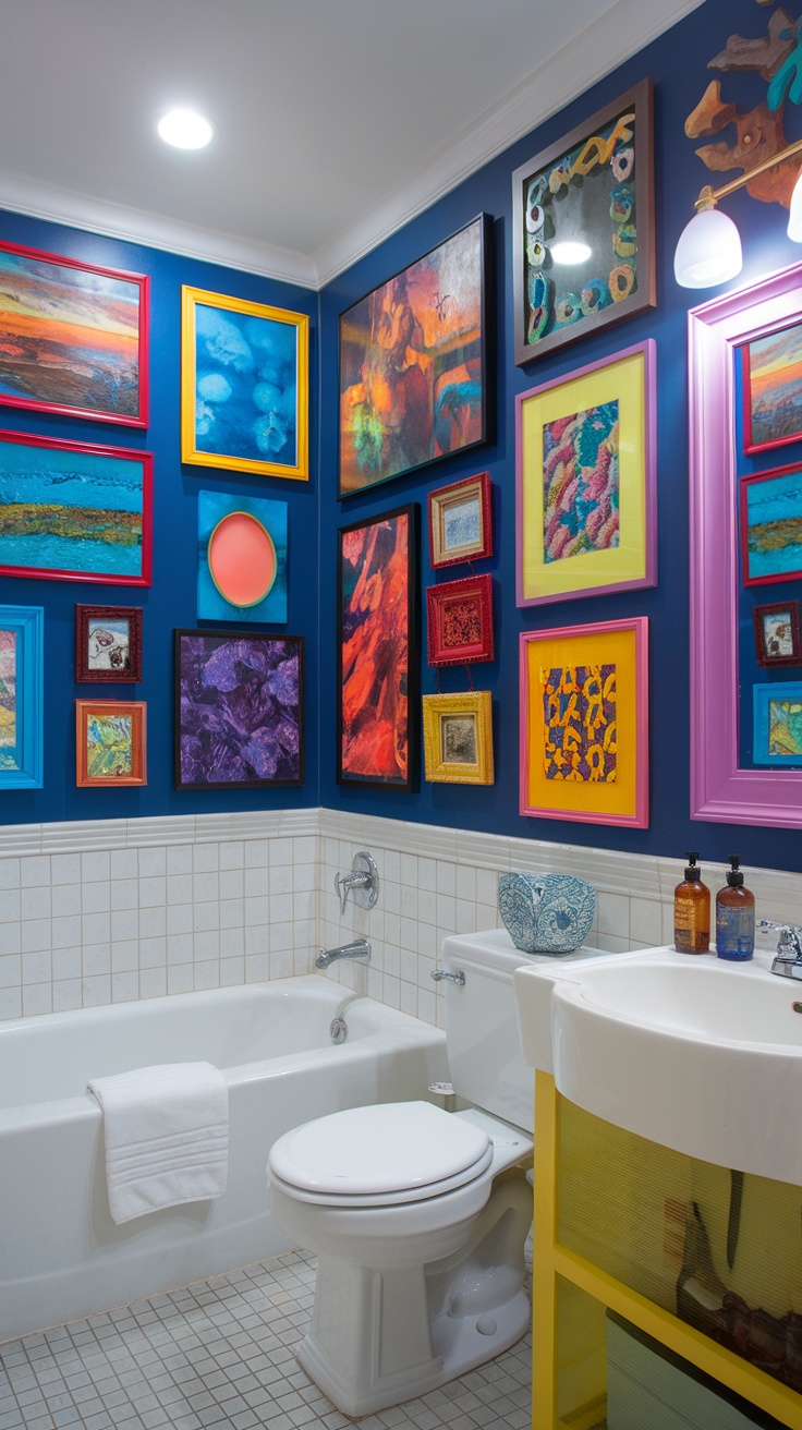 Colorful bathroom with lively artwork on the walls, showcasing various framed pieces.