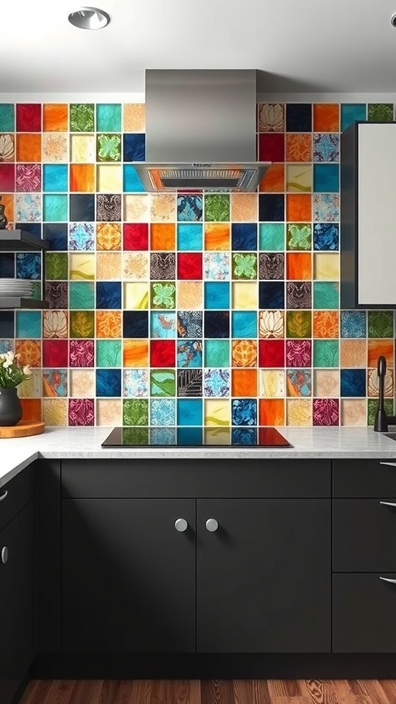Colorful kitchen featuring a wall of rainbow tiles.