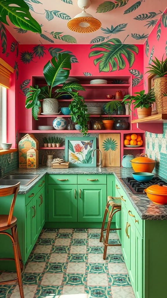 A colorful tropical kitchen with pink walls and green cabinetry, featuring plants and decorative dishware.