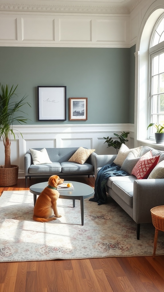 A cozy living room featuring pet-safe furniture with a dog sitting by a coffee table.