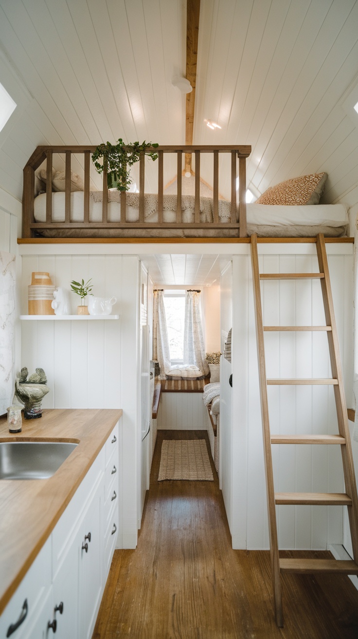Interior of a tiny house featuring a lofted sleeping area with wooden walls and a cozy under-bed space.