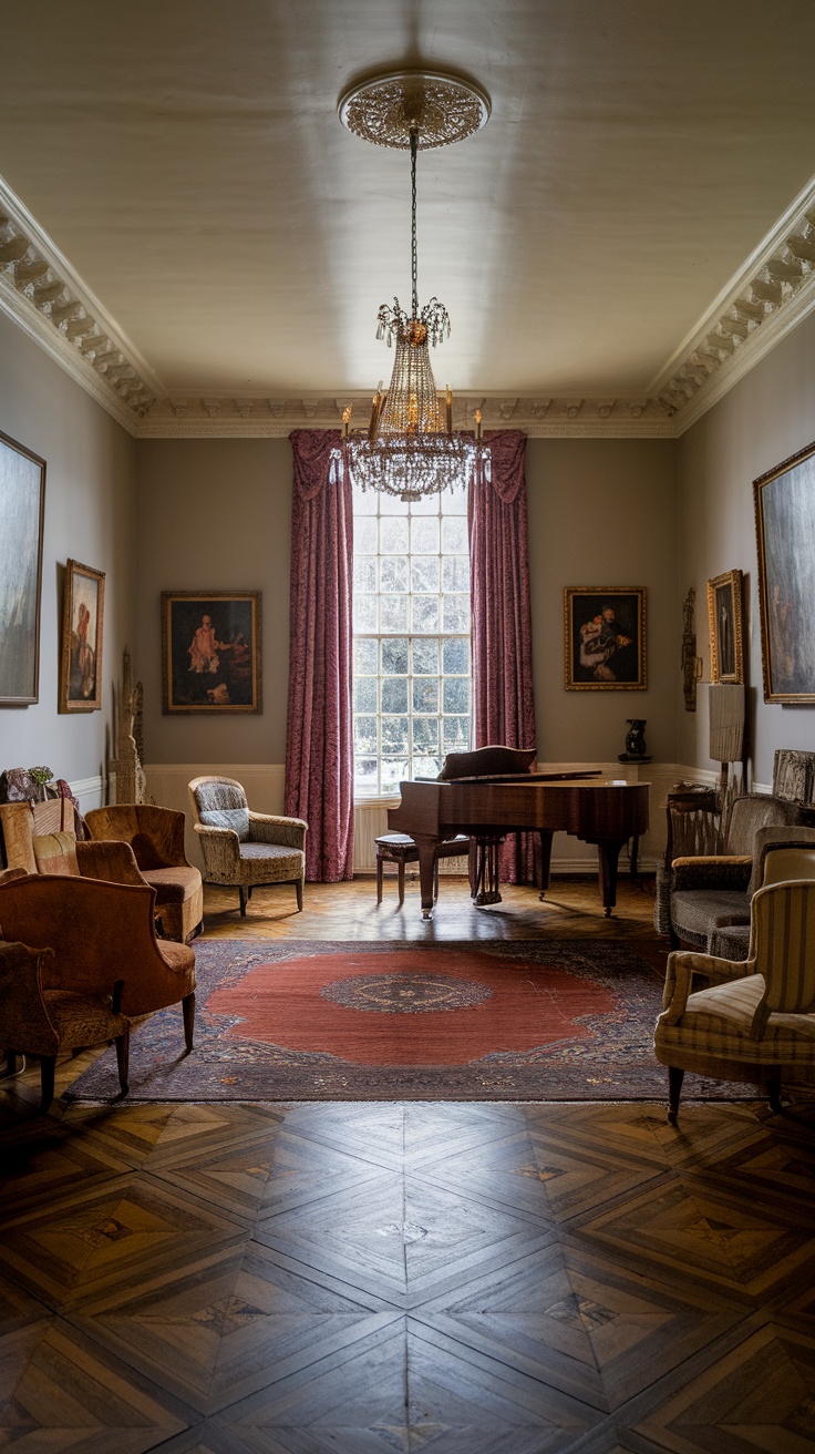 Victorian living room featuring a red area rug on parquet flooring with elegant furnishings