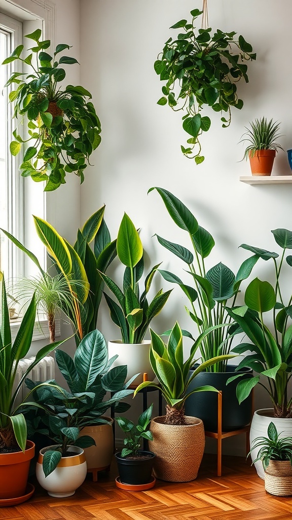 A cozy indoor space featuring a variety of lush plants in decorative pots, enhancing the warmth of a French country home.