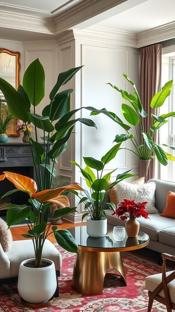 A stylish living room featuring large indoor plants in modern pots, a cozy sofa, and elegant decor.
