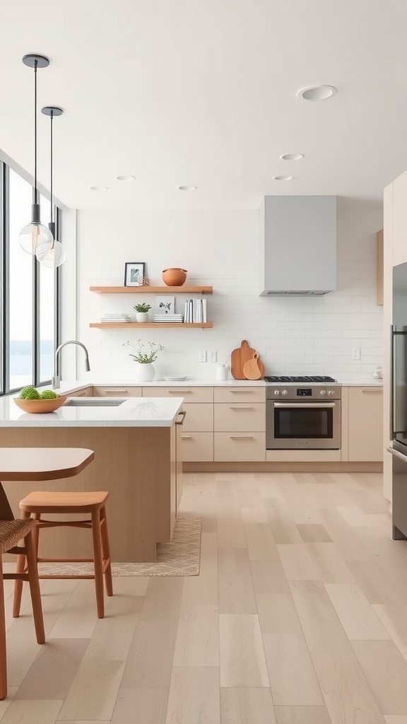 A bright and airy coastal kitchen featuring large windows, light cabinetry, and warm wood accents.