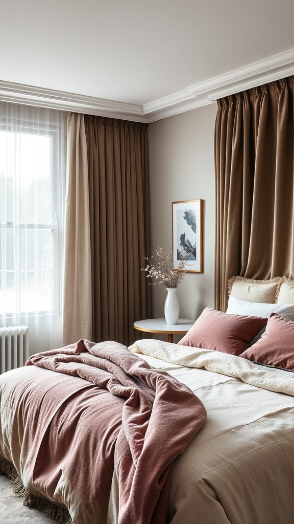 A cozy Scandinavian bedroom featuring soft textiles in earthy tones.