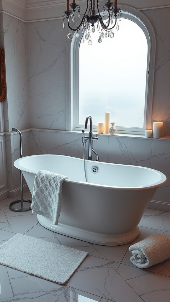 A luxurious freestanding bathtub in a contemporary bathroom with marble walls and natural light.