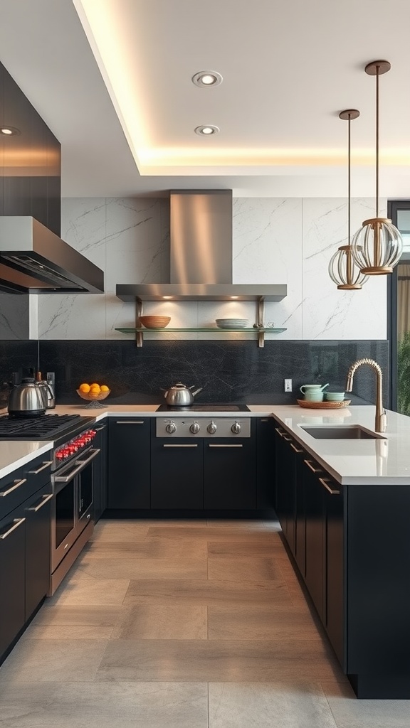 Luxurious high-end chef’s kitchen with sleek dark cabinetry, light countertops, and modern appliances.