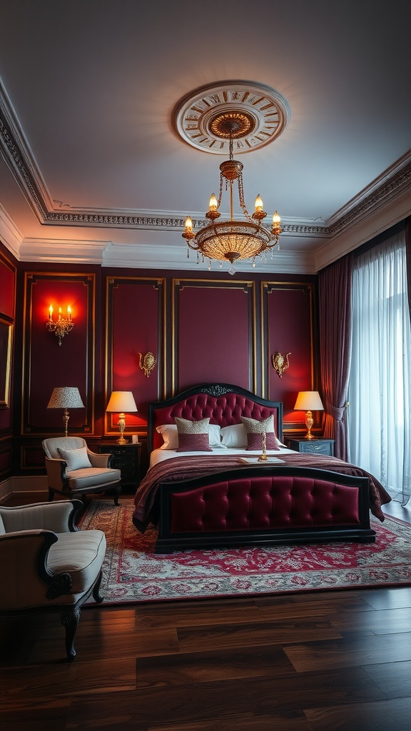 Luxurious bedroom featuring jewel tones, elegant furnishings, and soft lighting.