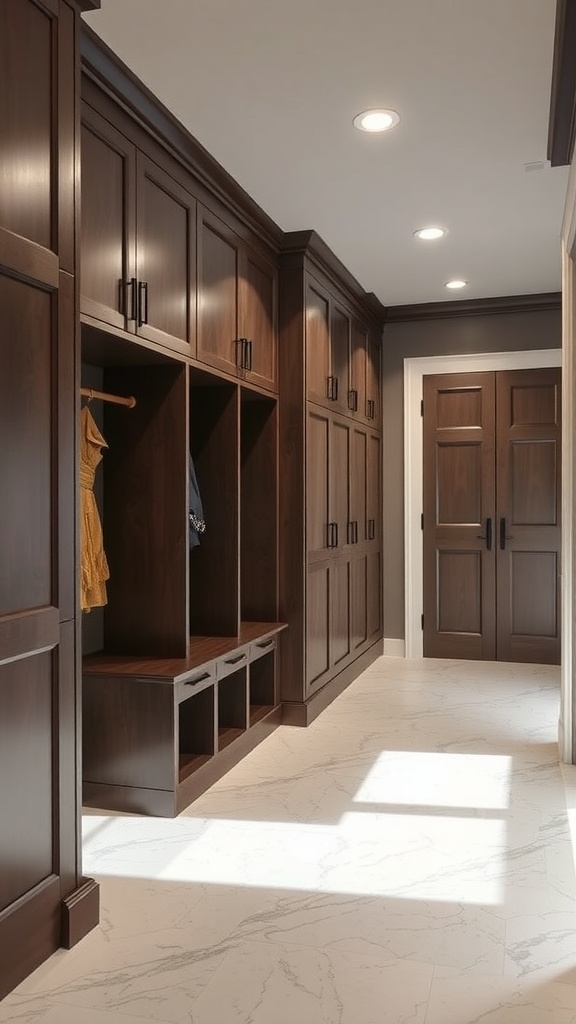 Stylish mudroom with dark wood cabinetry and bright flooring.