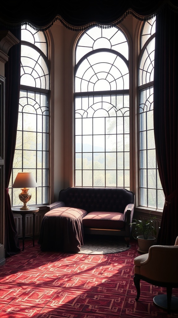 A cozy corner with velvet drapery, framed windows, and elegant furnishings, showcasing Art Deco style.