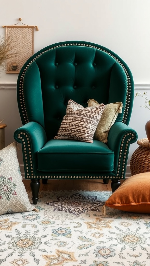 A luxurious teal velvet lounge chair with tufted back and nailhead trim, surrounded by decorative pillows on a patterned rug.