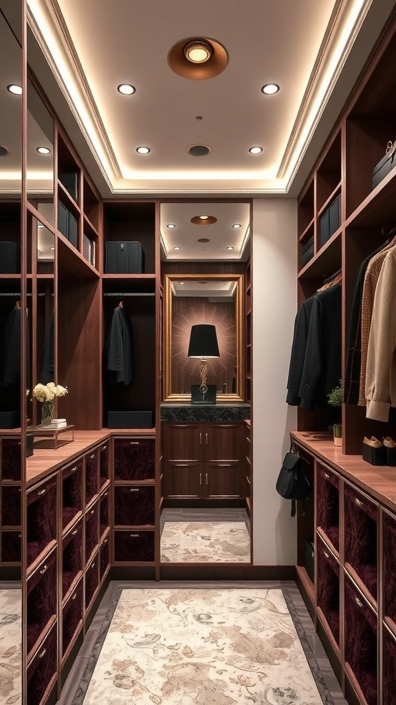 Luxurious walk-in closet featuring velvet storage, elegant lighting, and a stylish layout.