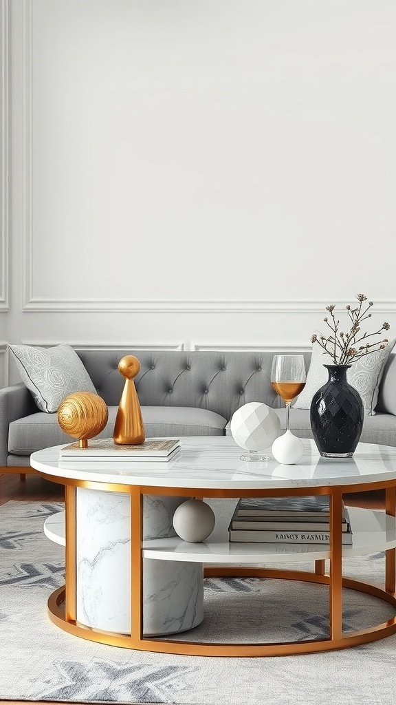 A beautifully styled coffee table with a marble top, gold accents, decorative objects, and a glass of wine.